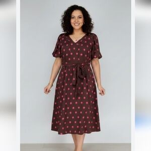 Ann Taylor Brown Pink Polka Dot A-Line Dress Puff Sleeves Womens Sz 8